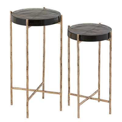 Recycled Glass Top Side Table W/Iron Stand Set Of 2