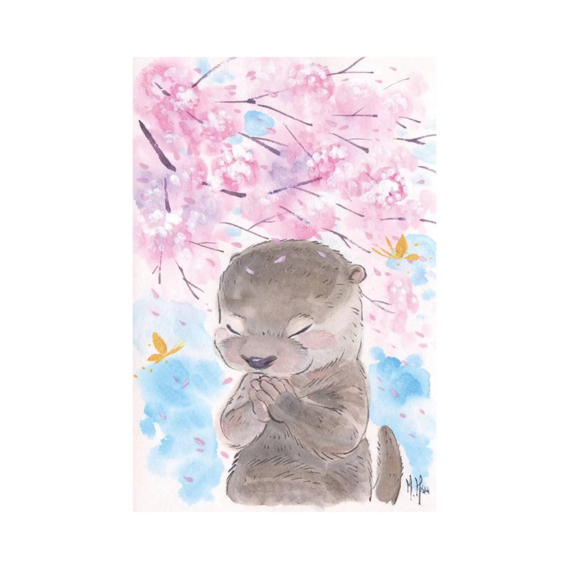 Cherry Blossom Wishes - Otter by Martin Hsu - Painting on Canvas, 20.32 cm H x 30.48 cm W, Wrapped Canvas