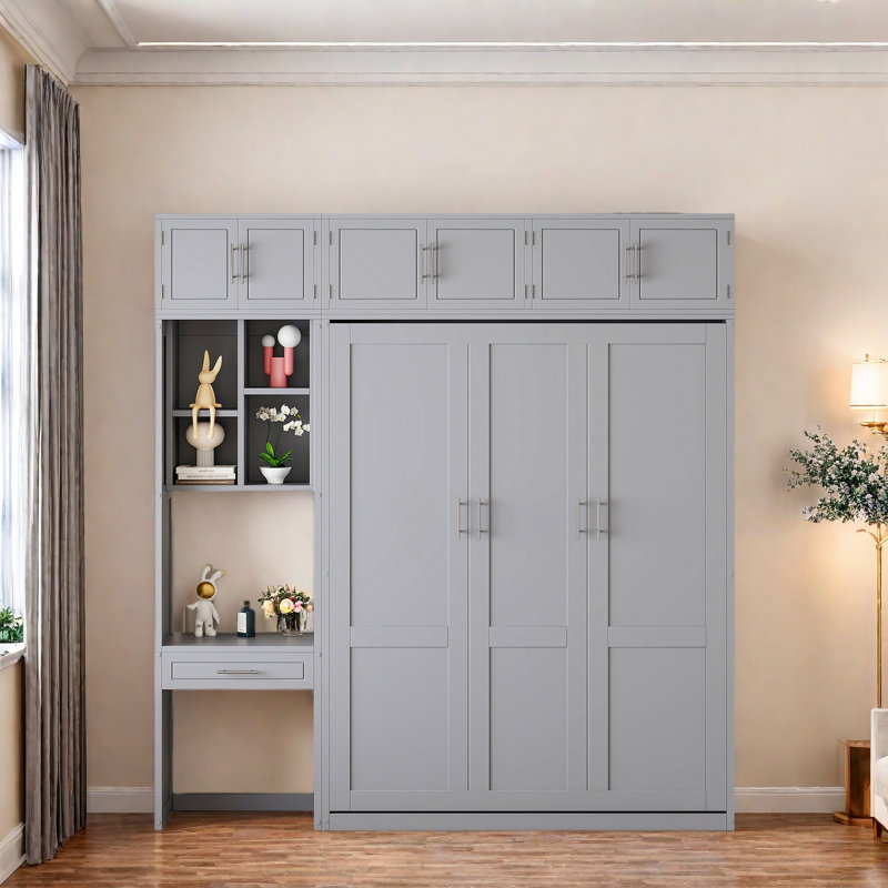 Lit escamotable mural avec bureau, armoire supérieure et tablettes de rangement, lit pliable peu encombrant, Gris, Grand