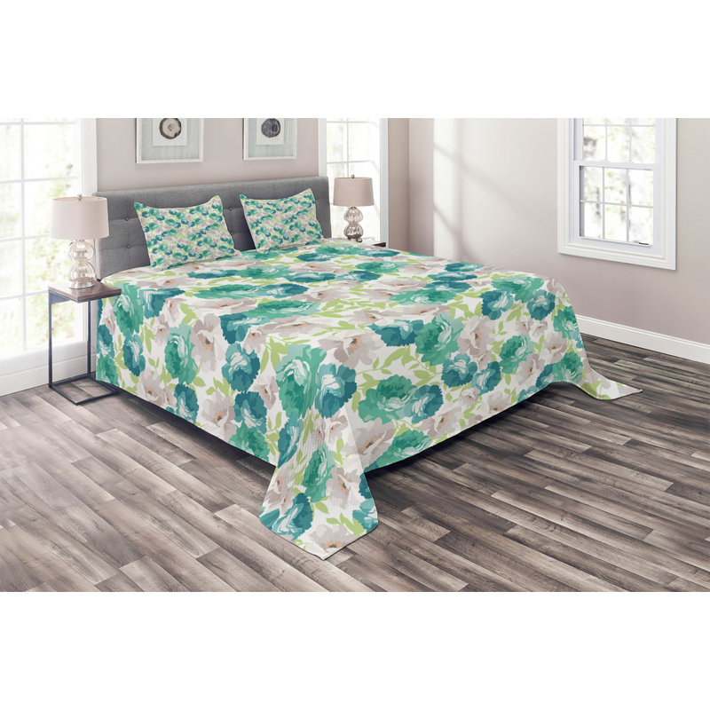 Farmhouse / Country Polyester Floral Coverlet, Queen Bedspread + 2 Shams, Rose Turquoise