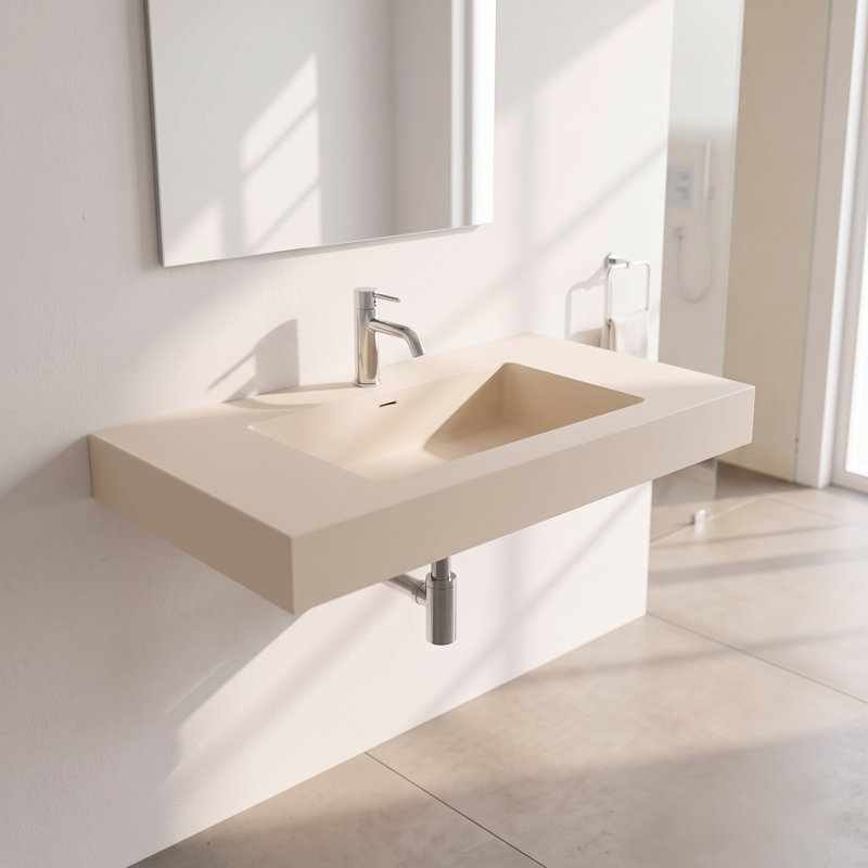 Lavabo de salle de bain mural 36 ", lavabo intégré à surface solide en café au lait mat avec trou pour robinet