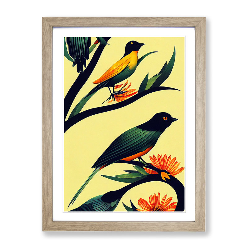 Birds On The Branch - Wall Art, 48cm H x 36cm W, Oak Framed, White