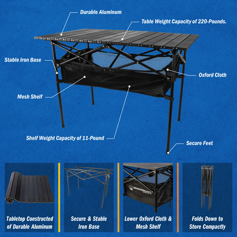 Table de camping d'extérieur Wakeman - Table pliante avec compartiment de rangement et sac de transport pour pique-nique, hayon, barbecue ou camping - Équipement de camping
