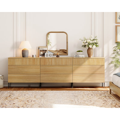 Union Rustic 3 Drawer Dresser Set Of 3 For Bedroom, Minimalist Chest Of Drawers With Storage, 9 Drawer Dresser With Reeded Design, Wooden Modern Dress by WAMPAT