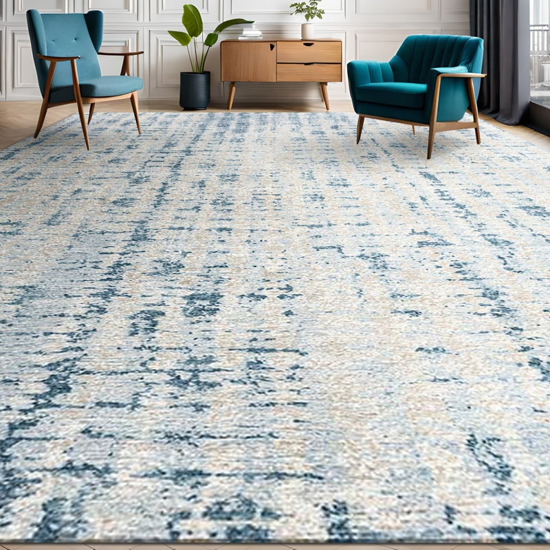 Tapis en laine tissé à la main en gris clair / bleu, Rectangle 8 pi x 10 pi