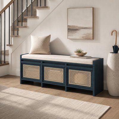 Banc de rangement rétro en panneau de fibres à densité moyenne avec tiroirs en rotin et coussin capitonné amovible pour le vestibule