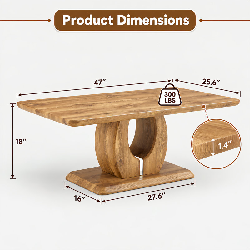 Table basse rectangulaire de 119 cm (47 po) avec pied sculptural et fini imitation bois