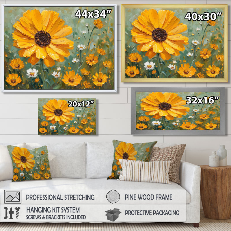 Jaune, jaune, été, pré, souci, souci, art mural, salon, Cadre doré flottant, bois massif, H 16 po x l 32 po