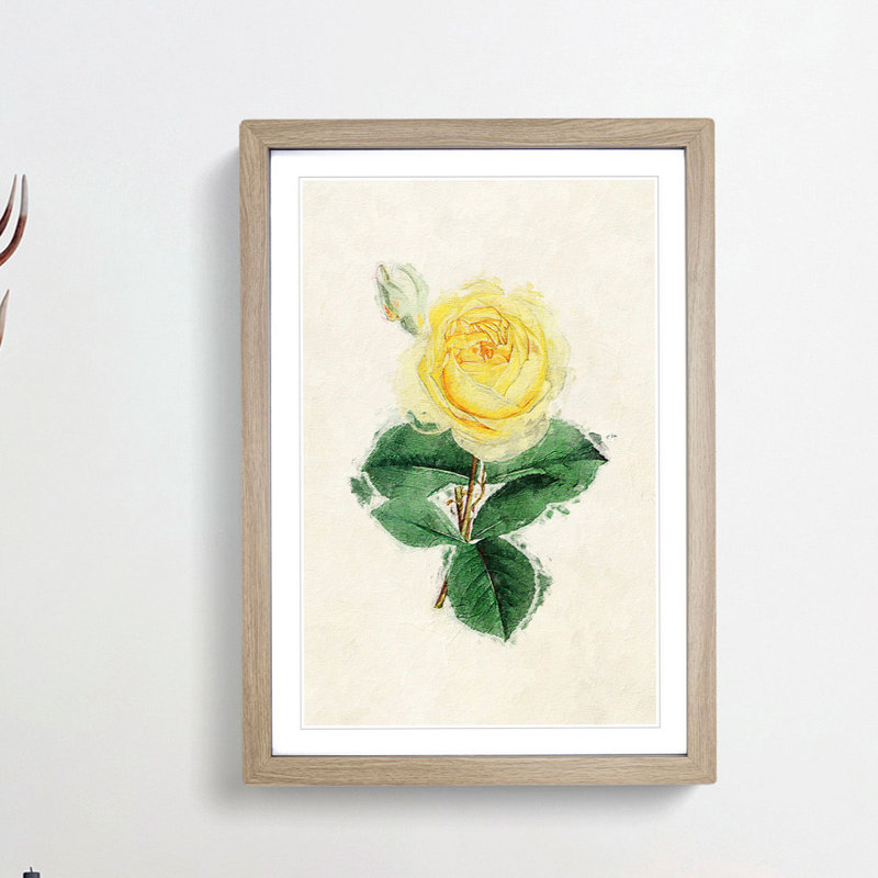 Illustration of a Yellow Rose - Picture Frame Painting Print, 36cm H x 27cm W x 2cm D, Oak Framed