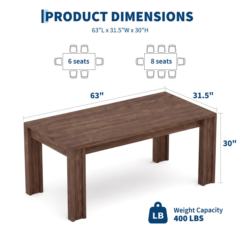 Table de salle à manger de style campagnard en bois massif pour 4 à 6 personnes - Finition noyer, table de cuisine rectangulaire de 1,6 x 0,8 m (63 pouces) - noyer