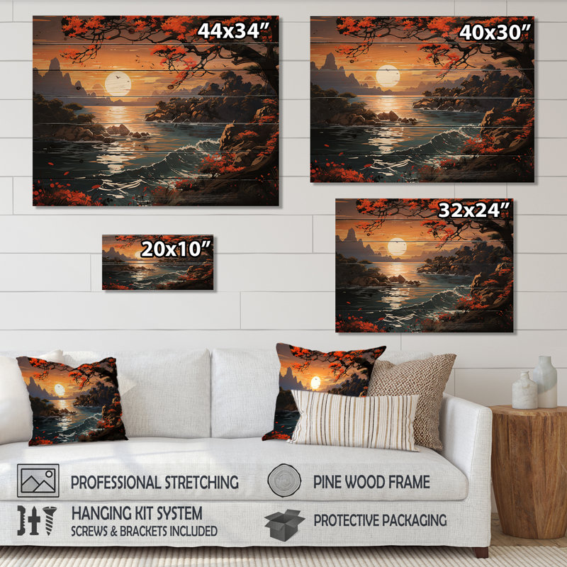«Japon Costal Beah Sunset Views I - Plage sur bois», H 10 po x l 20 po x P 0,78 po