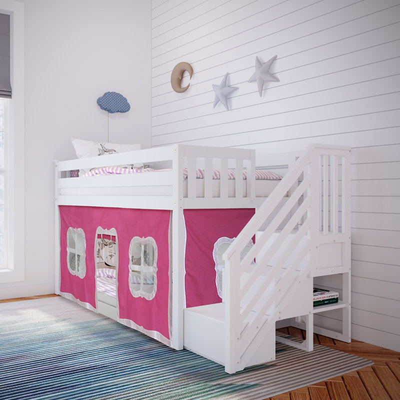 Harjeet Kids Twin Over Twin Bunk Bed, White, Pink
