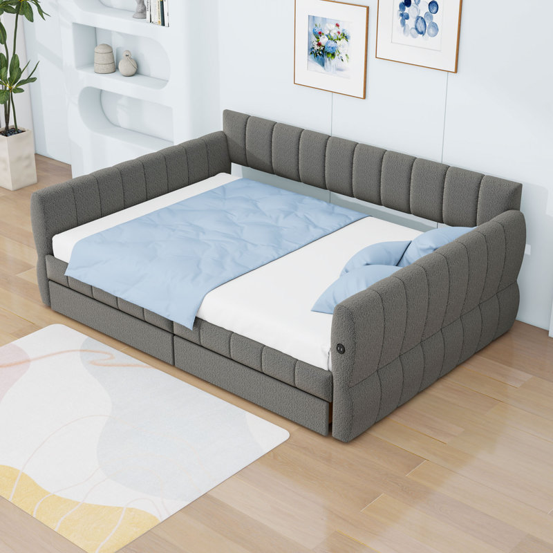 Queen Upholstered Daybed Bed with 2 Drawers and USB Ports, Gray