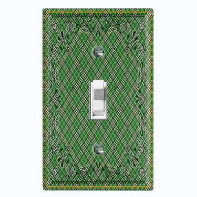 Metal Light Switch Plate Outlet Cover (Green Check Elegant Victorian Tile   - Single Toggle)