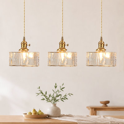 Transitional 3-Light Linear Pendant, Brass-Finished Frame with Textured Glass Shades, Adjustable HeightKitchen Island Light for Dining Room, Breakfast Bar