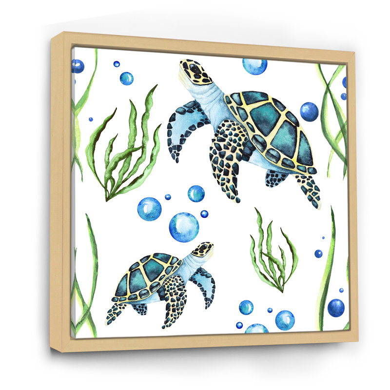 Tortue de mer, algues et bulles - reproduction d'art sur toile, H 30 po x l 30 po x P 1 po, Cadre flottant en érable