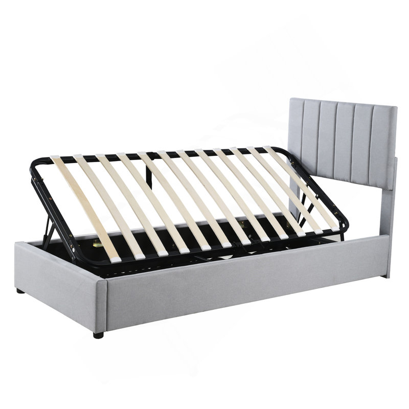 Lit plateforme simple tapissier simple avec option de rangement pratique, rangement hydraulique spacieux et moderne gris
