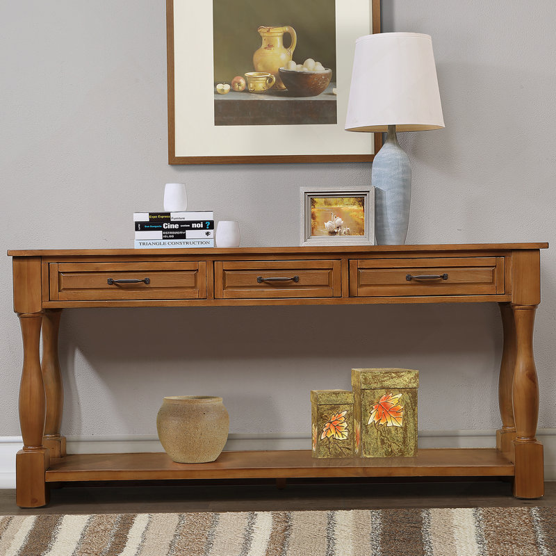 Console de 63 po de long en bois avec 3 tiroirs et 1 tablette inférieure pour le vestibule, Brun