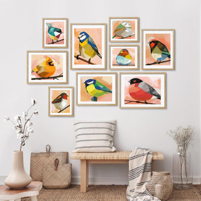 " Watercolor Geometric Birds Variety Nature Shapes " 9 - Pieces