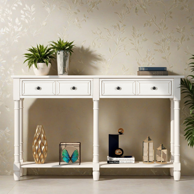 Console en bois avec 2 tiroirs et tablette inférieure Sheen, Ivoire ivoire