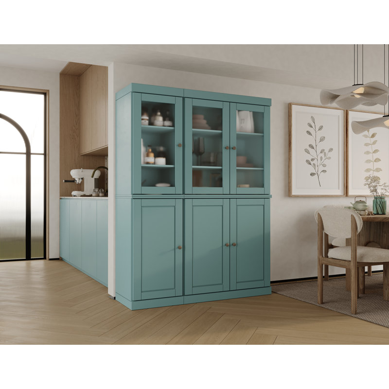 Vaisselier 100% bois massif 48,5 po avec verre givré, portes solides, 2 tiroirs et tablettes réglables, Turquoise