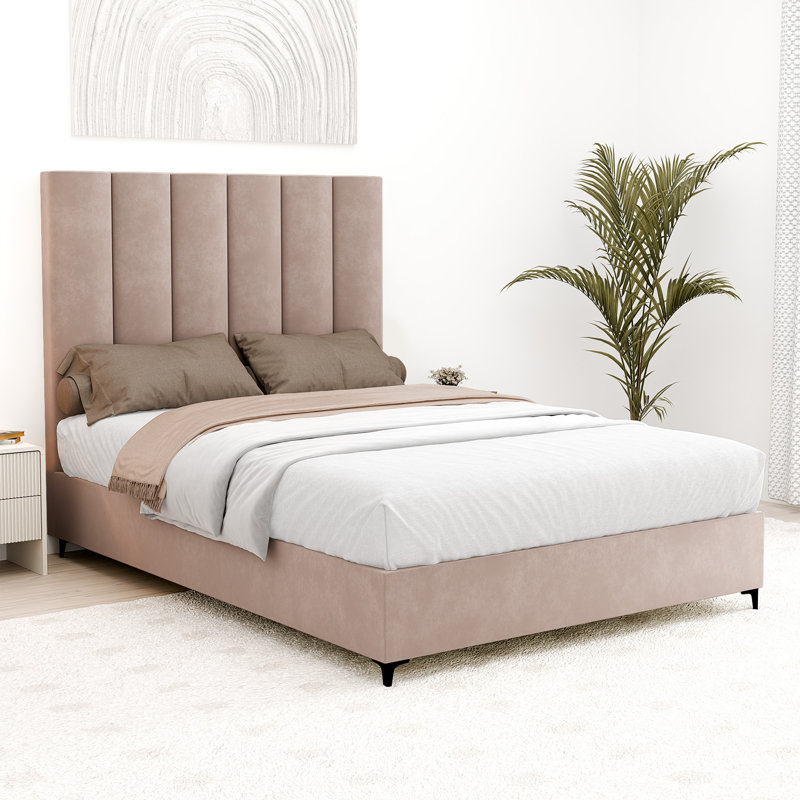 Lit plateforme tapissier Allondra, Simple, Rose clair