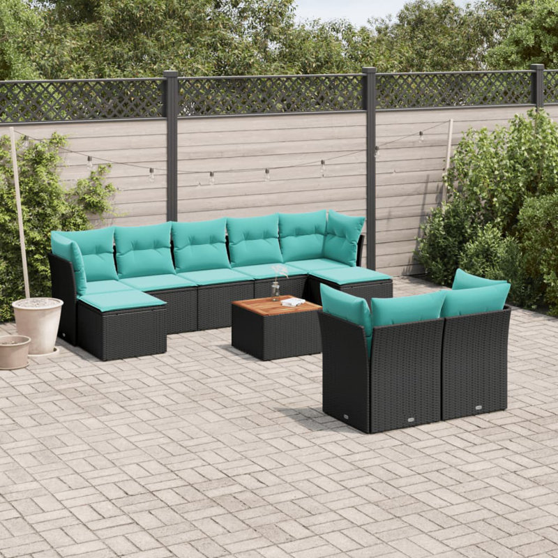 Ensemble de canapé de patio 10 pièces avec coussins en rotin de polyester, Bleu clair, Noir