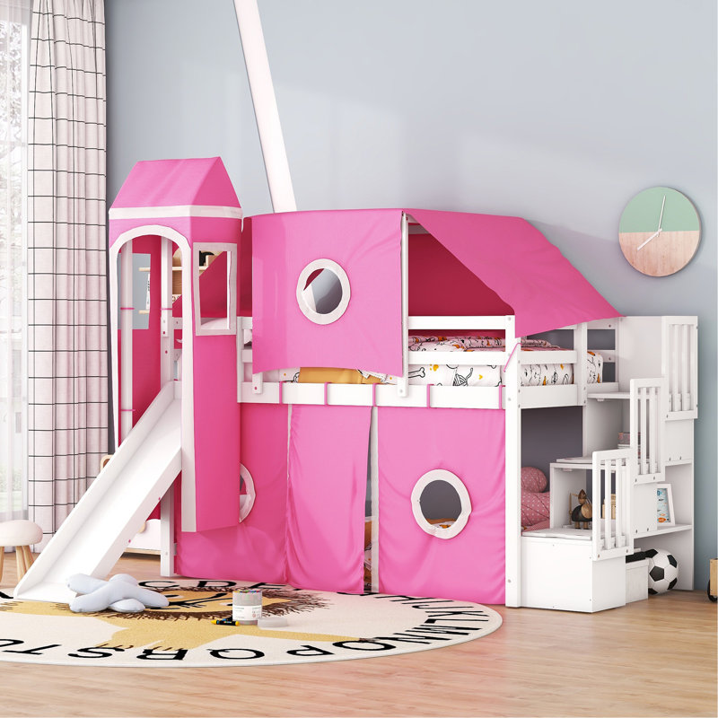 Lit mezzanine simple avec tente et tour, Rose