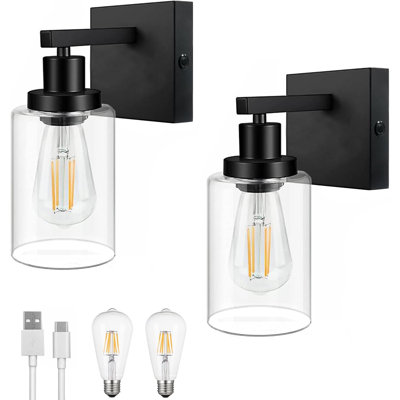 Rechargeable Battery Operated Wall Sconce Set Of 2, Wireless Magnetic Mounting Touch Dimmable Wall Lights With Glass Shade, LED Bulb Included For Bedroom Bathroom Decor