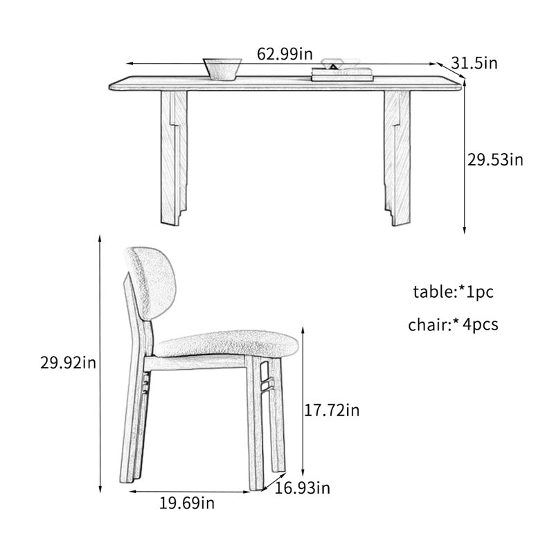 Mid-Century Style Rock Slab Dining Table Sets., 29.53”H x 31.5”L x 62.99”W