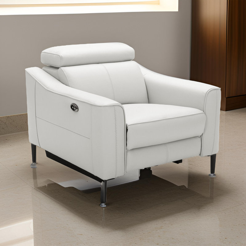 Reno Lin 37 Inch Power Recliner Chair, Brown Genuine Leather, Metal Legs, White