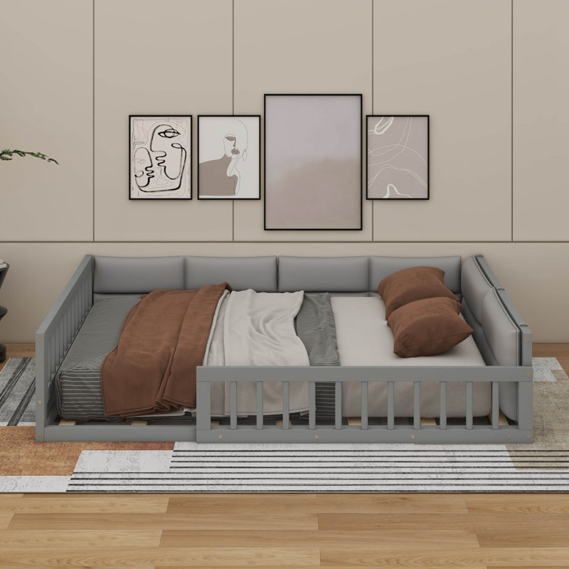 Lit plateforme double tapissier en bois avec garde-corps et coussin, Gris