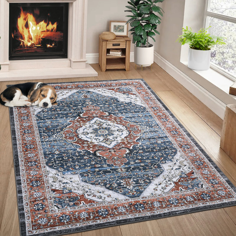 Tapis floral rétro, tapis traditionnel antidérapant pour la maison et le salon, Rectangle 5 pi x 7 pi