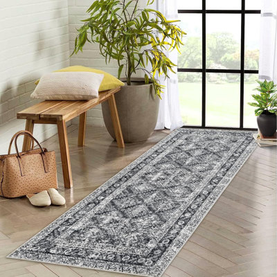2'x6' Area RugsWashable Rugs for Living RoomVintage Boho for OfficeDining RoomKids Room and FarmhouseDurable Low Pile Non-Slip Area Rug Gray