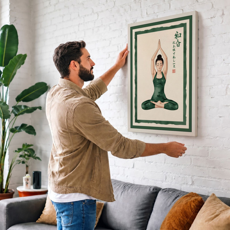 Yoga Meditation Pose Modern - Wrapped Canvas, 36x24 - 91.4 x 61.0 cm, Teal Border