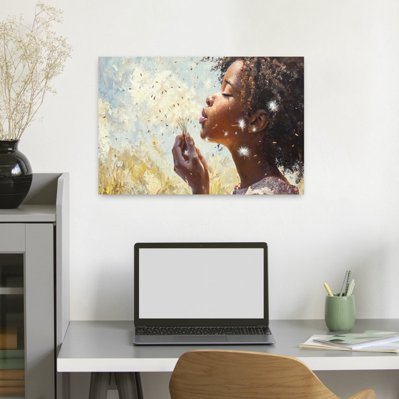 «Blowing Seeds From A Dandelion Contemporary Dreamy Serene Dandelion Nature Portrait», reproduction d'art, 16" H x 24" W