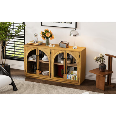 Large Arched 4-Door Storage Sideboard With Glass Doors, Adjustable Shelf Heights, Natural Wood, Retro Style, Oak Veneer, Rubber Wood Frame, Metal Handles, Cable Management, Magnetic Door Lock For