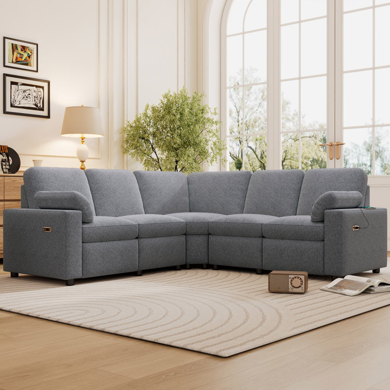 Canapé modulaire inclinable 89 po avec deux ports USB et deux tiroirs de rangement pour le salon, Lin gris