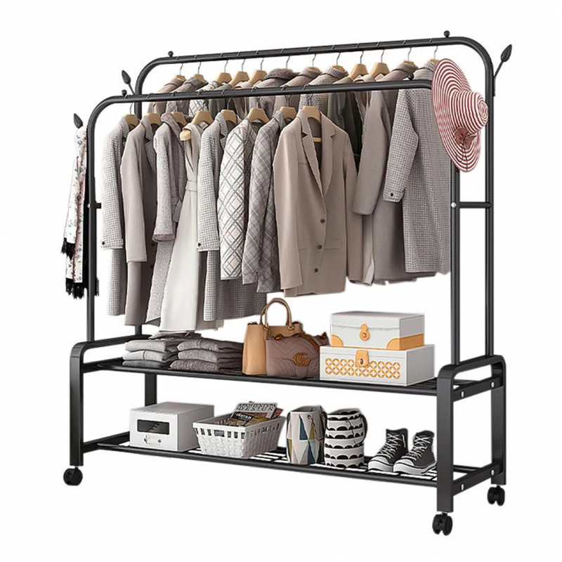 Affra Heavy Duty Metal Clothes Rail Open Wardrobe With 2 Storage Shelves