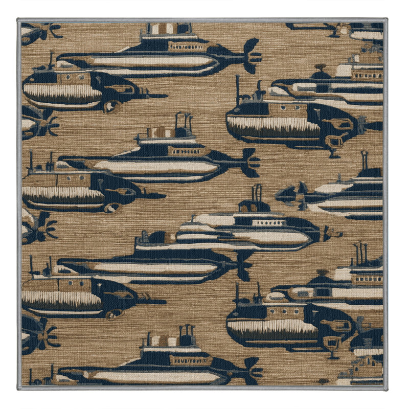 Washable Submarines Nautical Area Rug, Square 3'