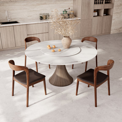 Rotating Lazy Susan Kitchen Dining Table Set Mid-Century Style Solid Wood Pedestal (1 Table 4/6/8 Upholstered Chairs)