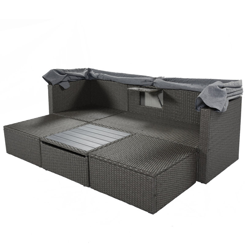 Lit de jour d'extérieur rectangulaire pour patio avec auvent rétractable, siège modulaire en osier avec coussins lavables, cour arrière, porche