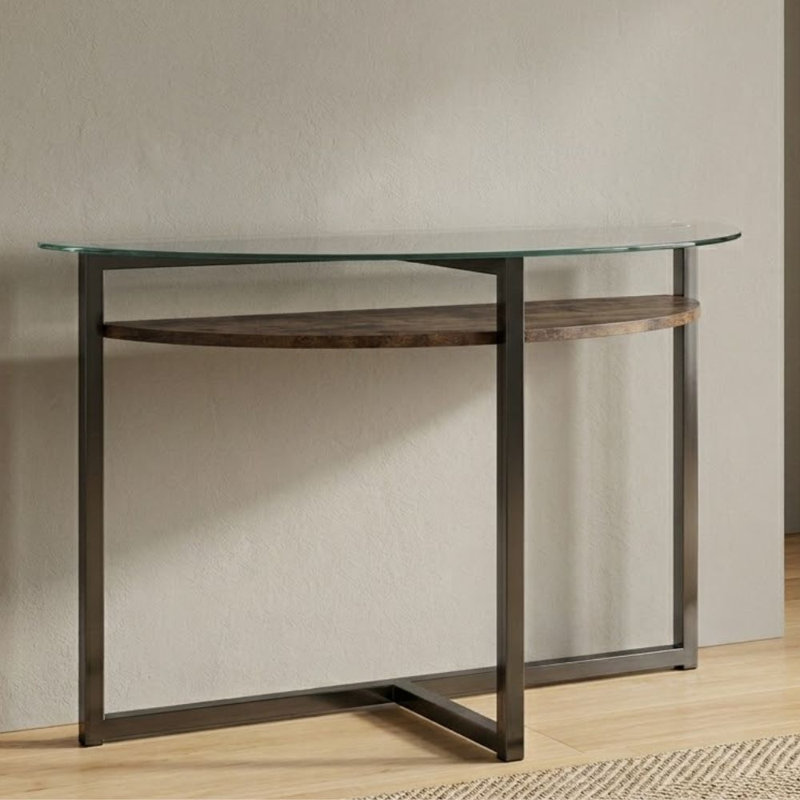 Cressida 47 In. Black Chrome Half Moon Glass Console Table With Wood Shelf And Metal Base