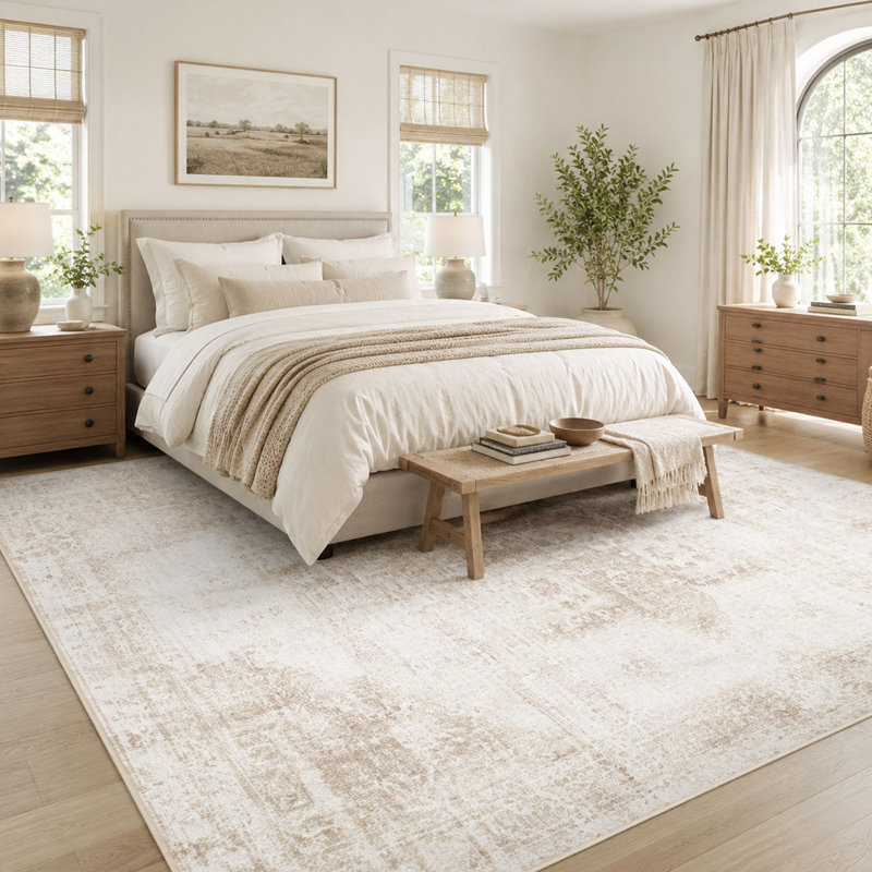 Tapis beige lavable de style bohème vintage avec médaillon, 2,44 m x 3,05 m.
