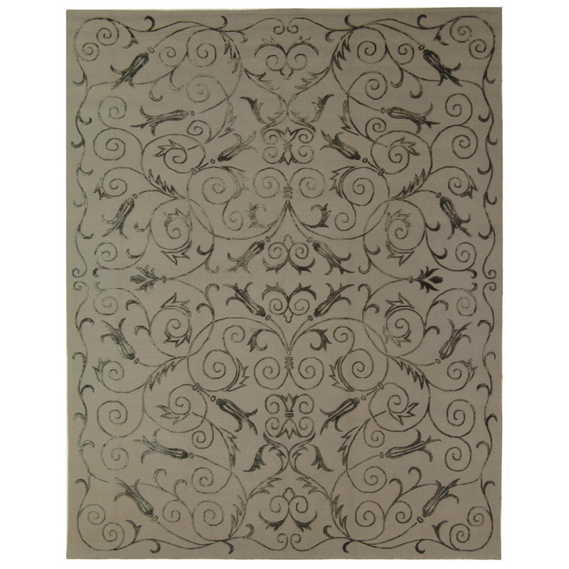Tibetan Hand-Knotted Silk/Wool Gray Area Rug, Rectangle 6' x 9'