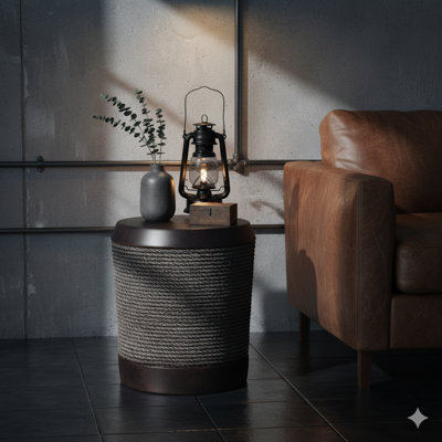 Outdoor Cylindrical End Table In Dark Brown With A Simulated Braided Cord Design And Vintage Trim, Made From MGO. A Retro-Style Indoor End Table For Home And Patio Decor.