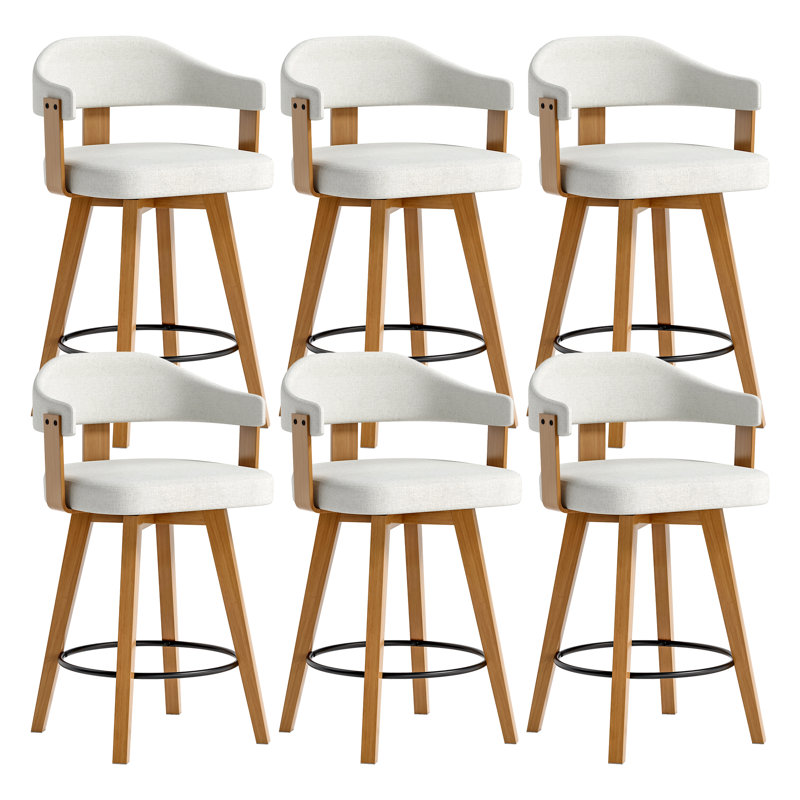 Swivel Upholstered Bar Stools 26" Counter Height, Beige Linen, 6, Dark Oak