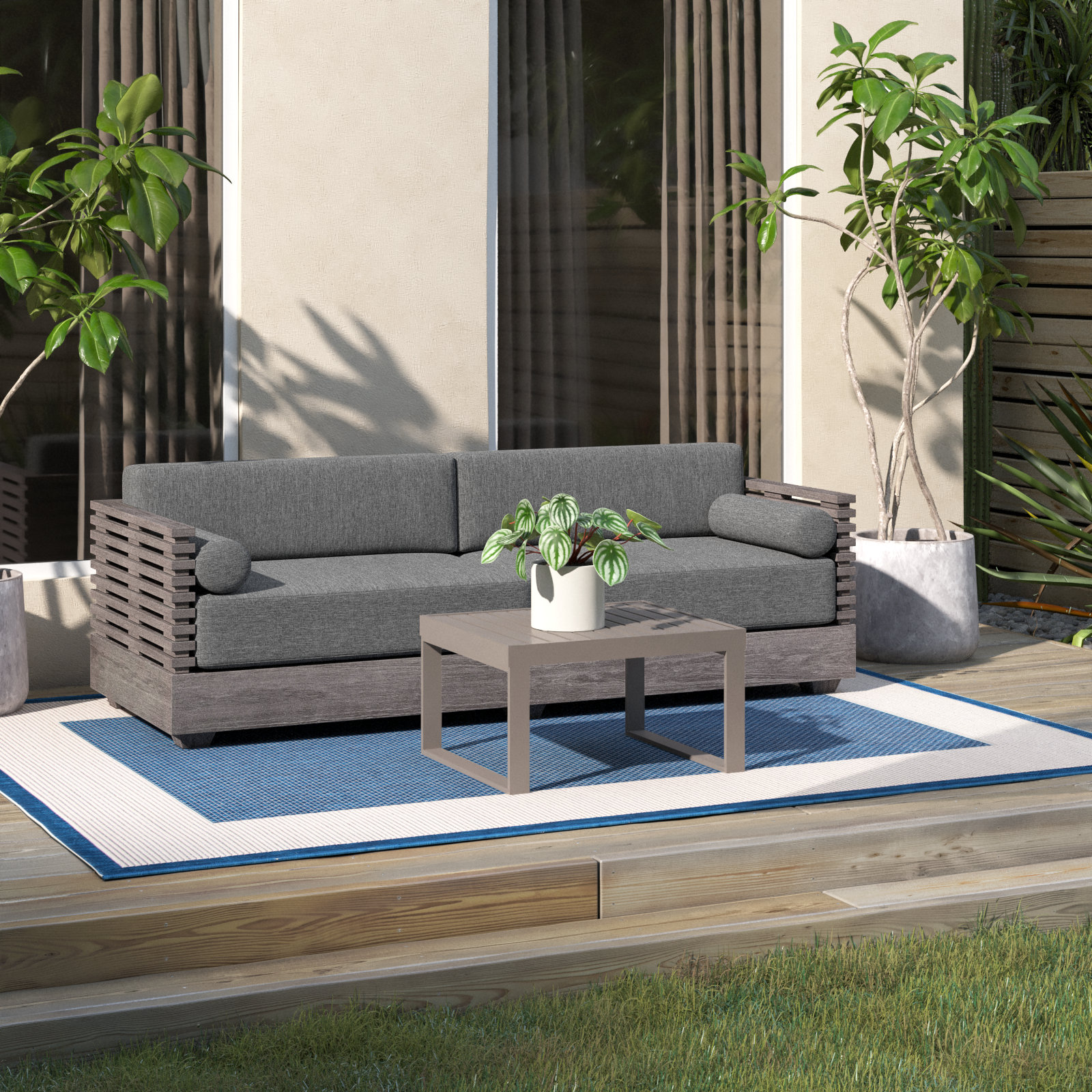Fritz 83'' Wide Straight Wood Patio Sofa with Cushions, Grey Performance