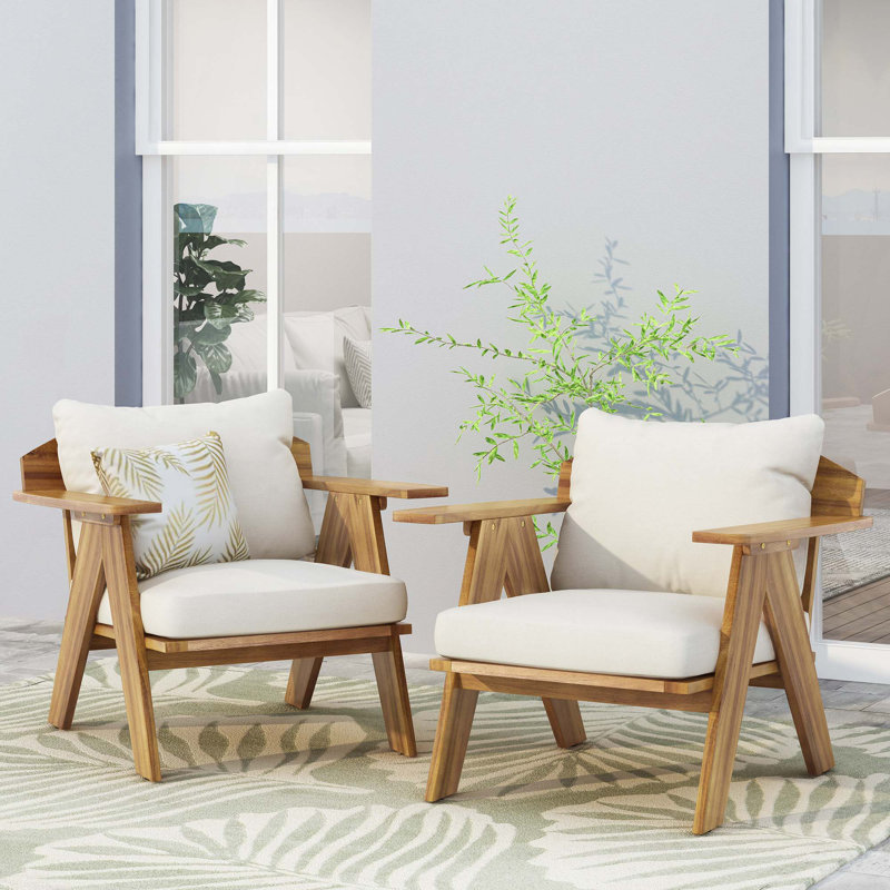Chaises club d'extérieur en bois d'acacia avec coussins (ensemble de 2)