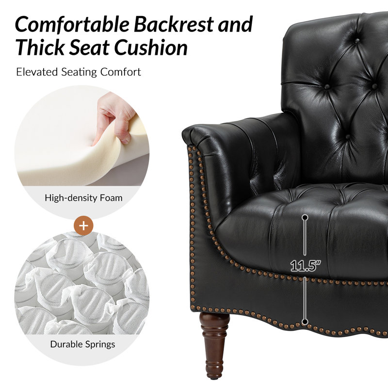 Fauteuil en cuir capitonné Annja, Cuir véritable noir